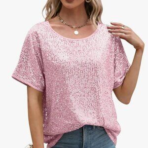SALE -Sucolan Women's Sequin Tops Crew Neck Sparkly‎ Blouses Sparkly Size Medium